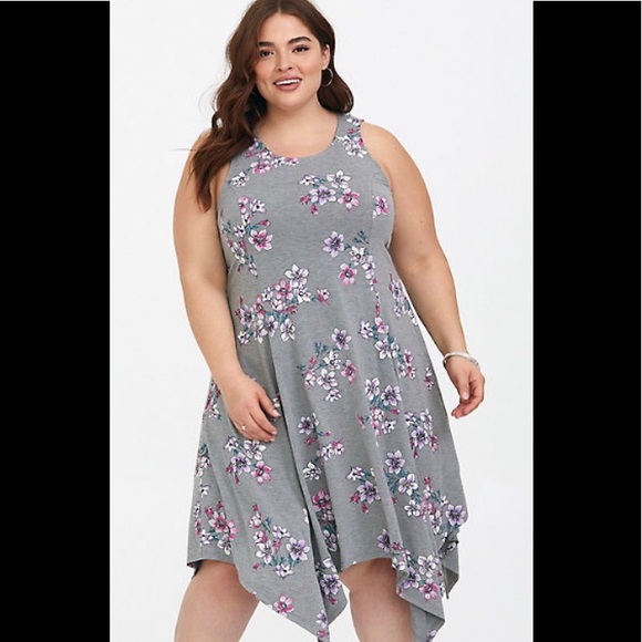 Swing Floral Jersey Trapeze Dress Handkerchief Hem - Picture 2 of 6